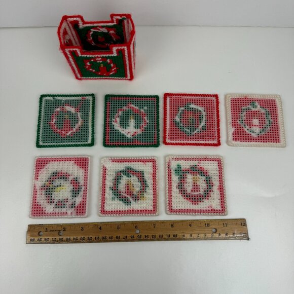 7 Vintage Christmas Holiday Plastic Canvas Coasters w Holder Yarn Candle Design - Picture 7 of 11